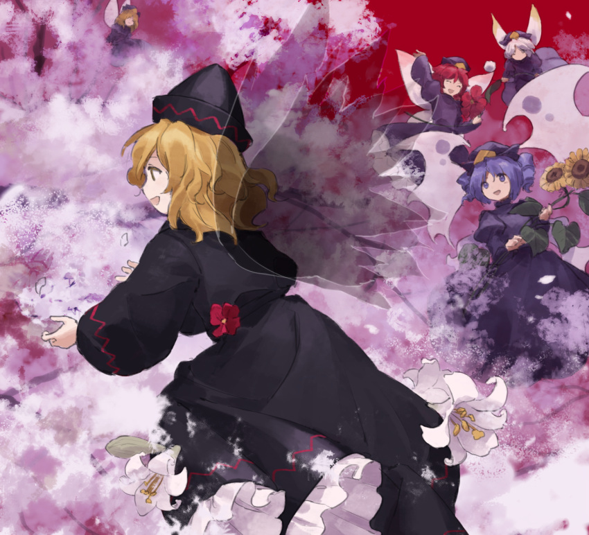 5girls black_dress black_headwear blue_eyes blue_hair closed_mouth commentary_request dress drill_hair flat_chest flower frilled_dress frills hat highres holding holding_flower juliet_sleeves kaigen_1025 lily_black lily_white long_sleeves medium_hair multiple_girls no_mouth no_nose open_mouth puffy_sleeves red_flower redhead short_hair smile sunflower touhou twin_drills white_hair wings