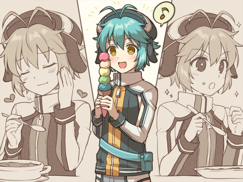 +_+ 1girl :d :i :o antenna_hair blue_hair blush chihiro_(chihiro3399) closed_eyes commentary_request eating eiyuu_densetsu food food_on_face hand_on_own_cheek hand_on_own_face happy heart holding holding_food holding_ice_cream holding_spoon ice_cream long_sleeves looking_at_food millium_orion multiple_views musical_note open_mouth sen_no_kiseki sepia short_hair smile solo spoken_musical_note spoon upper_body yellow_eyes