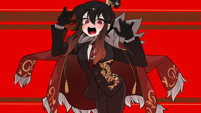 1girl 69_ronku bad_id bad_pixiv_id black_gloves black_jacket black_pants coat coat_on_shoulders collared_shirt gloves hair_bun highres jacket library_of_ruina long_sleeves necktie open_mouth pants project_moon red_background red_coat red_eyes red_necktie salamander_(vocaloid) shirt simple_background solo white_shirt xiao_(project_moon)