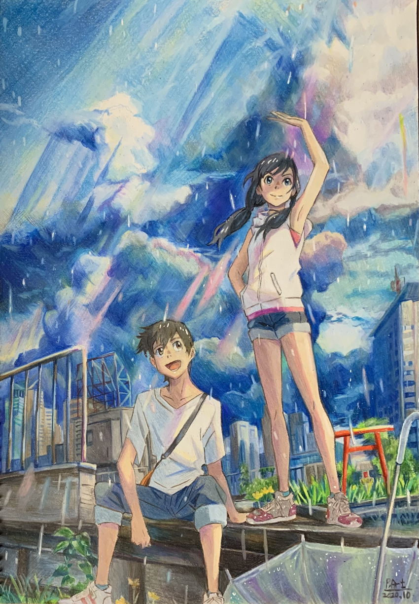 1boy 1girl absurdres amano_hina_(tenki_no_ko) armpits artist_name blue_eyes blue_hair blue_shorts brown_eyes cityscape closed_mouth clouds cloudy_sky collarbone colored_pencil_(medium) commentary_request dated day denim derivative_work english_commentary floating_hair full_body hand_in_pocket highres hood hood_down hoodie korean_commentary long_hair low_twintails lower_teeth_only making-of_available mixed-language_commentary morishima_hodaka_(tenki_no_ko) open_mouth outdoors p.art rain real_world_location shinjuku_(tokyo) short_sleeves shorts shrine sitting sky sleeveless sleeveless_hoodie standing sunlight teeth tenki_no_ko tokyo_(city) torii traditional_media twintails white_hoodie white_shrit yoyogi