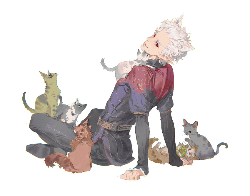 1boy animal_ears animal_on_lap animal_on_shoulder animalization arm_support astarion baldur's_gate baldur's_gate_3 belt black_footwear black_jacket black_pants cat cat_ears cat_on_lap cat_on_shoulder chinese_commentary commentary_request dated dungeons_and_dragons elf frilled_sleeves frills from_behind full_body indian_style jacket karlach kemonomimi_mode lae'zel leaning_back long_sleeves looking_at_viewer looking_back male_focus on_lap pants parted_lips pointy_ears red_eyes shadowheart_(baldur's_gate) shoes short_hair signature simple_background sitting smile solo white_background white_hair yoku_(liuyc)