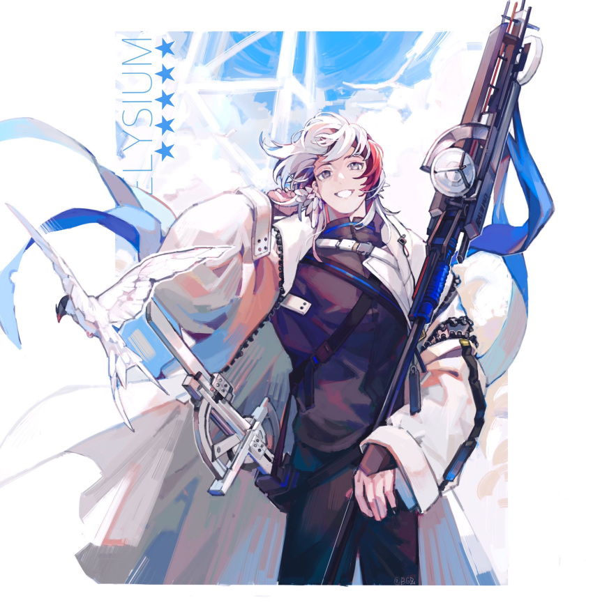 1boy arknights bingbuliguozi bird black_pants black_shirt character_name elysium_(arknights) hand_up highres holding holding_staff jacket multicolored_hair pants redhead seagull shirt solo staff streaked_hair sword weapon white_hair white_jacket wing_ears