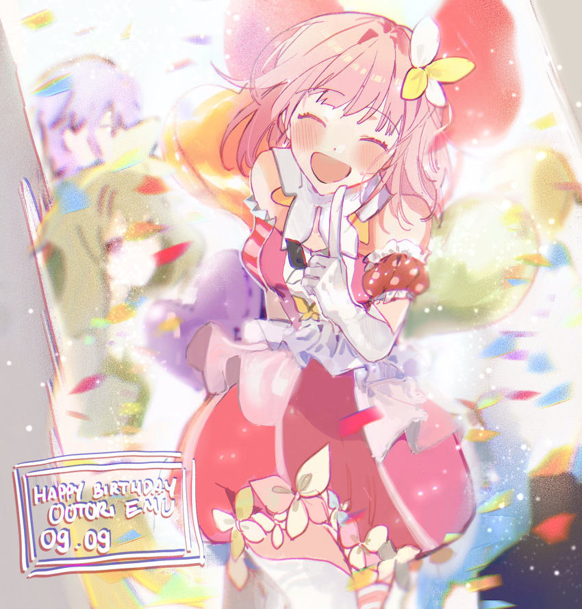 1boy 2girls balloon blush bow character_name closed_eyes confetti dated detached_sleeves dress green_hair hair_bow happy_birthday highres kamishiro_rui multiple_girls ootori_emu open_mouth pink_dress pink_hair project_sekai puffy_short_sleeves puffy_sleeves pyongtaro short_hair short_sleeves smile