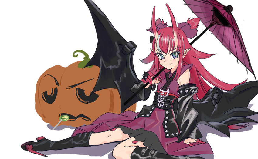 1girl belt black_footwear black_wings blue_eyes boots candy commentary_request detached_sleeves elizabeth_bathory_(fate) elizabeth_bathory_(japan)_(fate) fate/grand_order fate_(series) finger_cots food horns japanese_clothes kimono lollipop long_hair looking_at_viewer oni_horns pointy_ears pumpkin purple_kimono redhead simple_background sitting sleeveless sleeveless_kimono smile solo uaaaou white_background wings