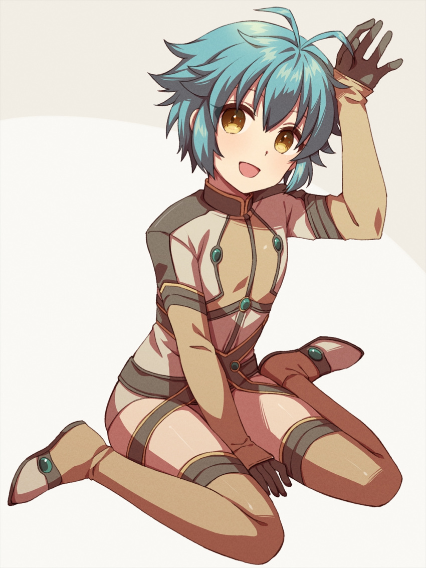 1girl :d antenna_hair between_legs black_gloves blue_hair blush boots brown_footwear chihiro_(chihiro3399) commentary_request eiyuu_densetsu flat_chest full_body gloves grey_background hair_between_eyes hand_between_legs hand_up happy highres leaning_forward long_sleeves looking_at_viewer millium_orion open_mouth sen_no_kiseki short_hair simple_background sitting smile solo spiky_hair tareme thigh_boots wariza yellow_eyes