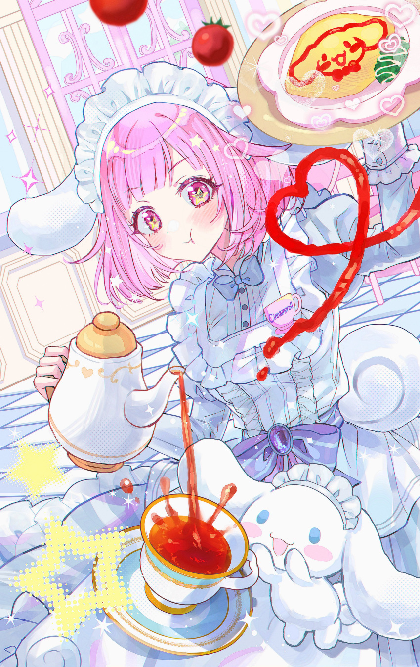 1girl :d :t absurdres animal_ears apron arm_up blue_bow blue_bowtie blue_dress blunt_bangs blush blush_stickers bow bowtie broccoli buttons center_frills cherry_tomato cinnamoroll closed_mouth commentary cup dog_ears dress english_commentary eyelashes food food_art frilled_apron frilled_cuffs frills gem hand_up heart highres holding holding_teapot holding_tray indoors ketchup long_sleeves looking_at_viewer mafuyusdil maid maid_headdress omelet omurice ootori_emu open_mouth parted_bangs pink_eyes pink_hair pouring project_sekai purple_gemstone sanrio saucer short_hair sidelocks sleeve_cuffs smile sparkle star_(symbol) star_in_eye symbol_in_eye tea teacup teapot tile_floor tiles tomato tray white_apron window