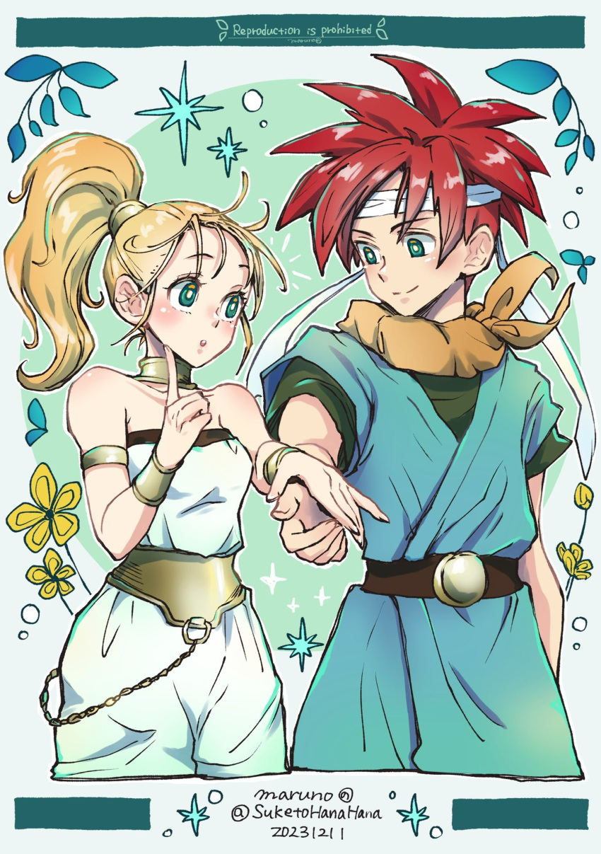 1boy 1girl armlet artist_name bare_shoulders belt blonde_hair blue_tunic blush bracer breasts brown_belt chrono_trigger closed_mouth cowboy_shot crono_(chrono_trigger) dated finger_to_own_chin flower gold_choker green_eyes green_shirt headband highres holding_hands jumpsuit long_hair looking_at_another marle_(chrono_trigger) maruno medium_breasts neckerchief orange_neckerchief parted_lips ponytail redhead shirt short_hair smile spiky_hair strapless twitter_username white_headband white_jumpsuit yellow_flower