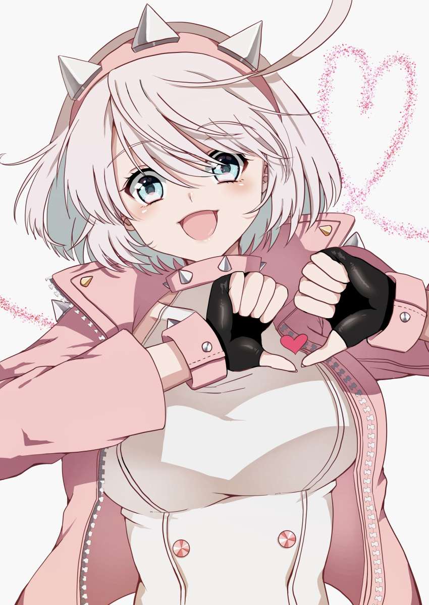 1girl absurdres aqua_eyes blush bracelet breasts collar elphelt_valentine guilty_gear guilty_gear_strive hairband highres jacket jewelry kinoko5656 large_breasts long_sleeves looking_at_viewer open_mouth pink_hairband pink_jacket short_hair sideboob smile spiked_bracelet spiked_collar spiked_hairband spikes white_hair