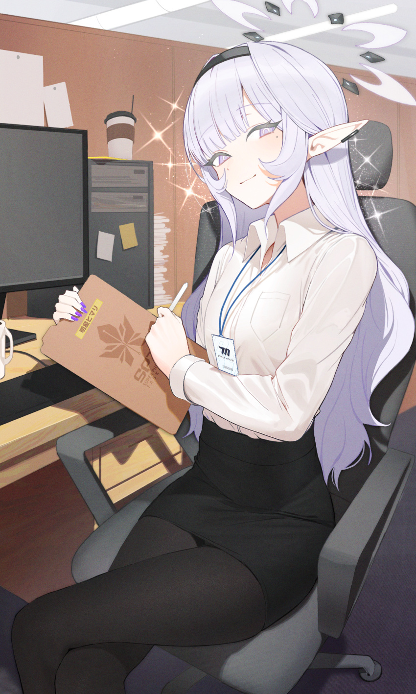 1girl black_hairband black_pantyhose black_skirt blue_archive closed_mouth collared_shirt crossed_legs feet_out_of_frame fingernails hairband halo highres himari_(blue_archive) id_card indoors keyboard_(computer) light_smile long_hair long_sleeves looking_at_viewer mole mole_under_eye monitor nail_polish pantyhose pencil_skirt pointy_ears purple_halo purple_nails shirt skirt solo sparkle striped striped_hairband swivel_chair violet_eyes white_hair white_shirt zanya_000
