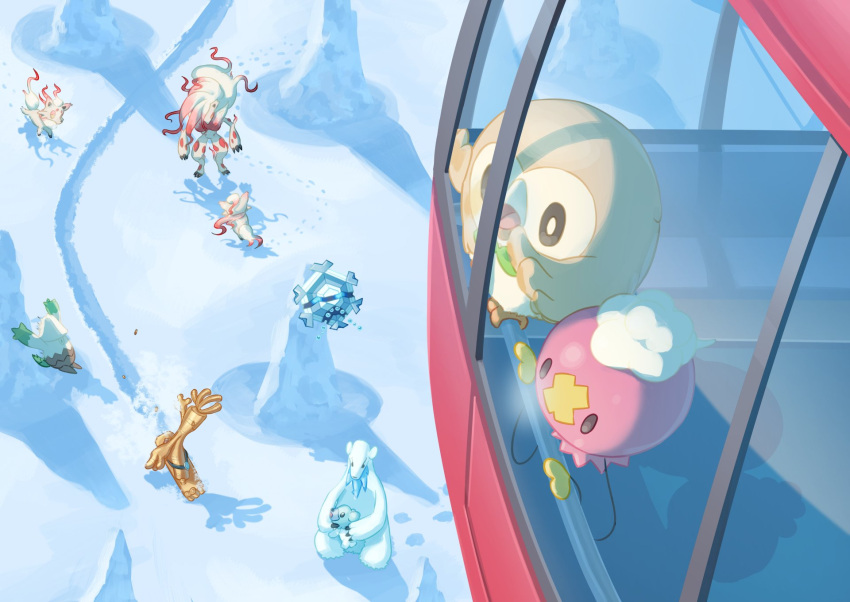 beartic bright_pupils brown_eyes commentary_request cryogonal cubchoo day drifloon footprints gholdengo highres hisuian_zoroark hisuian_zorua mokukitusui no_humans open_mouth outdoors pokemon pokemon_(creature) rowlet snover snow white_pupils