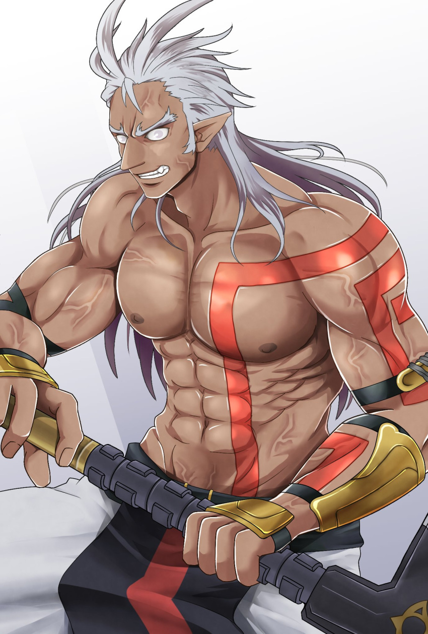 1boy abs anger_vein dark-skinned_male dark_skin highres holding holding_sword holding_weapon huge_weapon looking_at_viewer muscular muscular_male simple_background smile solo star_ocean star_ocean_the_second_story sword tomonaga topless_male weapon white_background white_hair zaphkiel_(star_ocean)