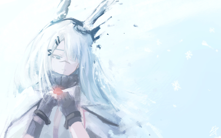 1girl animal_ears arknights black_gloves blue_background ear_ornament frostnova_(arknights) gloves grey_eyes hair_ornament hairclip hands_up highres jacket lolifreak parted_lips rabbit_ears scar scar_on_face scar_on_nose snowflakes solo upper_body white_hair white_jacket