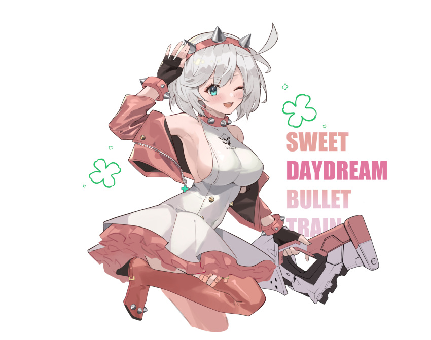 1girl ahoge aqua_eyes black_gloves blush boots bracelet breasts clover collar elphelt_valentine fingerless_gloves four-leaf_clover gloves guilty_gear guilty_gear_strive gun hairband highres holding holding_gun holding_weapon huge_ahoge jacket jewelry large_breasts long_sleeves looking_at_viewer one_eye_closed open_mouth pink_footwear pink_hairband pink_jacket short_hair sideboob smile spiked_bracelet spiked_collar spiked_hairband spikes thigh_boots weapon white_hair wuzhu_nis