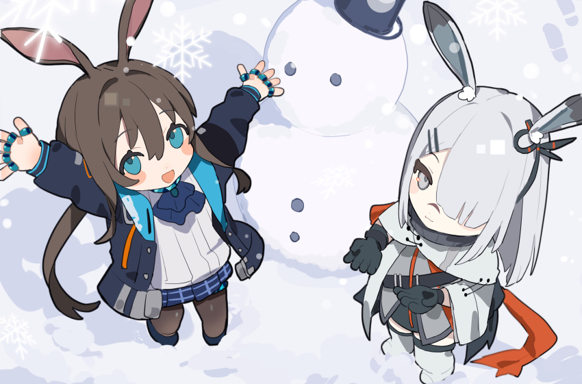 2girls :d absurdres amiya_(arknights) animal_ear_fluff animal_ears arknights arms_up ascot black_gloves black_jacket black_pantyhose blue_ascot blue_collar blue_eyes blue_skirt blush_stickers brown_hair chibi coat collar ear_ornament frostnova_(arknights) gloves grey_eyes grey_hair grey_shirt hair_between_eyes hair_over_one_eye happy highres jacket jewelry long_sleeves maria_(syake-uni) multiple_girls multiple_rings neck_ring open_clothes open_coat open_hands open_jacket open_mouth pantyhose plaid plaid_skirt pleated_skirt ponytail rabbit_ears rabbit_girl ring scar scar_on_face scar_on_nose shirt skirt smile snowflakes snowman standing thigh-highs white_coat white_shirt white_thighhighs