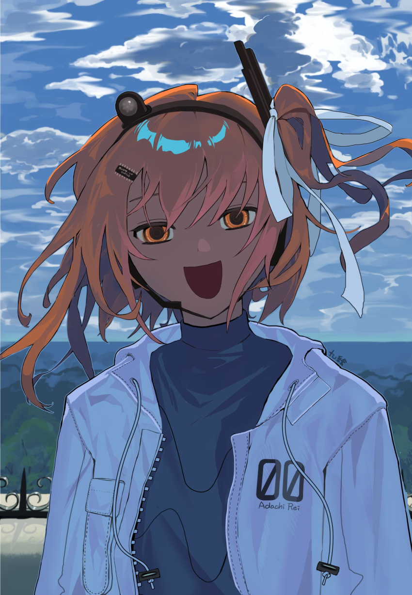 1girl a.i._voice adachi_rei android arms_at_sides artificial_eye backlighting black_shirt blue_sky character_name check_commentary clouds cloudy_sky commentary_request computer_chip day drawstring empty_eyes false_smile floating_hair hair_ornament hair_ribbon hairclip headlamp headset highres hood hood_down hooded_jacket jacket kue_(gyogyokue) lens_eye long_hair long_sleeves looking_at_viewer mechanical_eye one_side_up open_clothes open_jacket open_mouth orange_eyes orange_hair outdoors radio_antenna railing ribbon shirt sky smile solo text_print turtleneck upper_body utau white_jacket white_ribbon