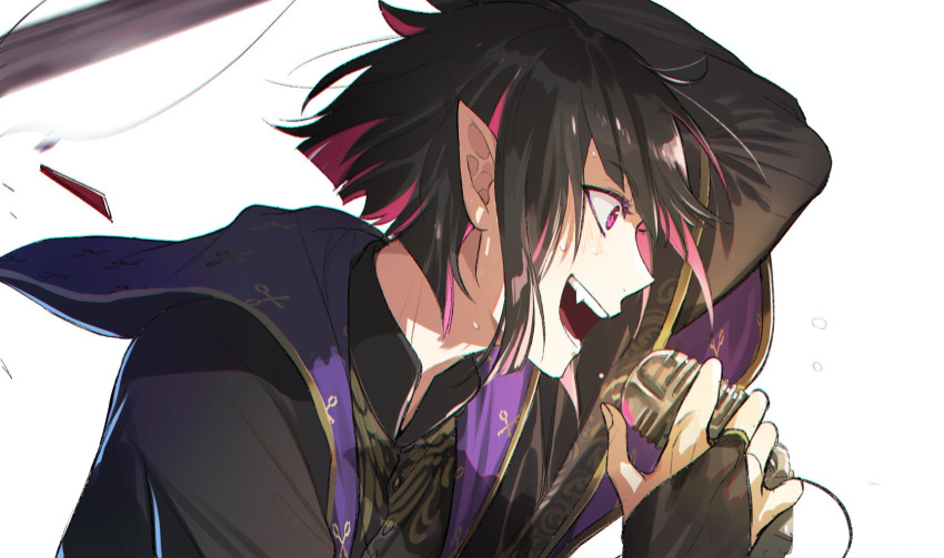 1boy bishounen black_bridal_gauntlets bridal_garter eyelashes fang from_side highres holding holding_microphone key_print lilia_vanrouge male_focus microphone music night_raven_college_uniform open_mouth ororooops pointy_ears short_hair simple_background singing solo twisted_wonderland white_background