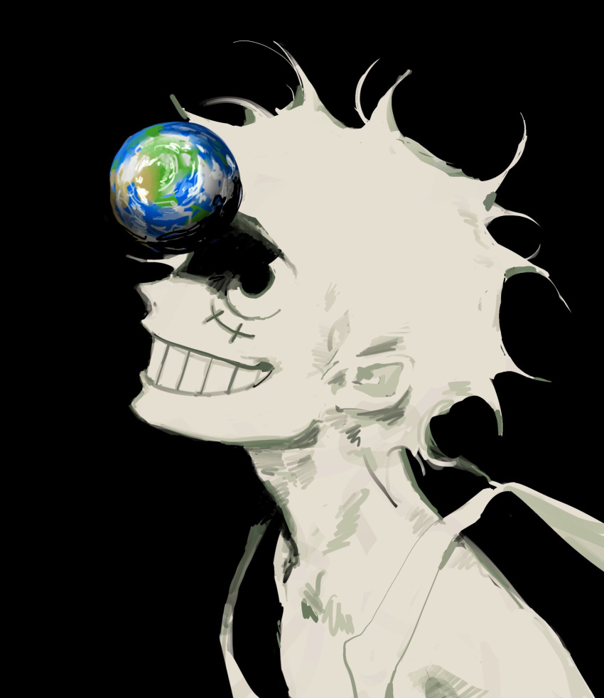 1boy earth_(planet) from_side giant giant_male grin highres male_focus monkey_d._luffy one_piece planet profile qudt07 scar shadow smile solo spot_color staring symbolism teeth tsurime upper_body