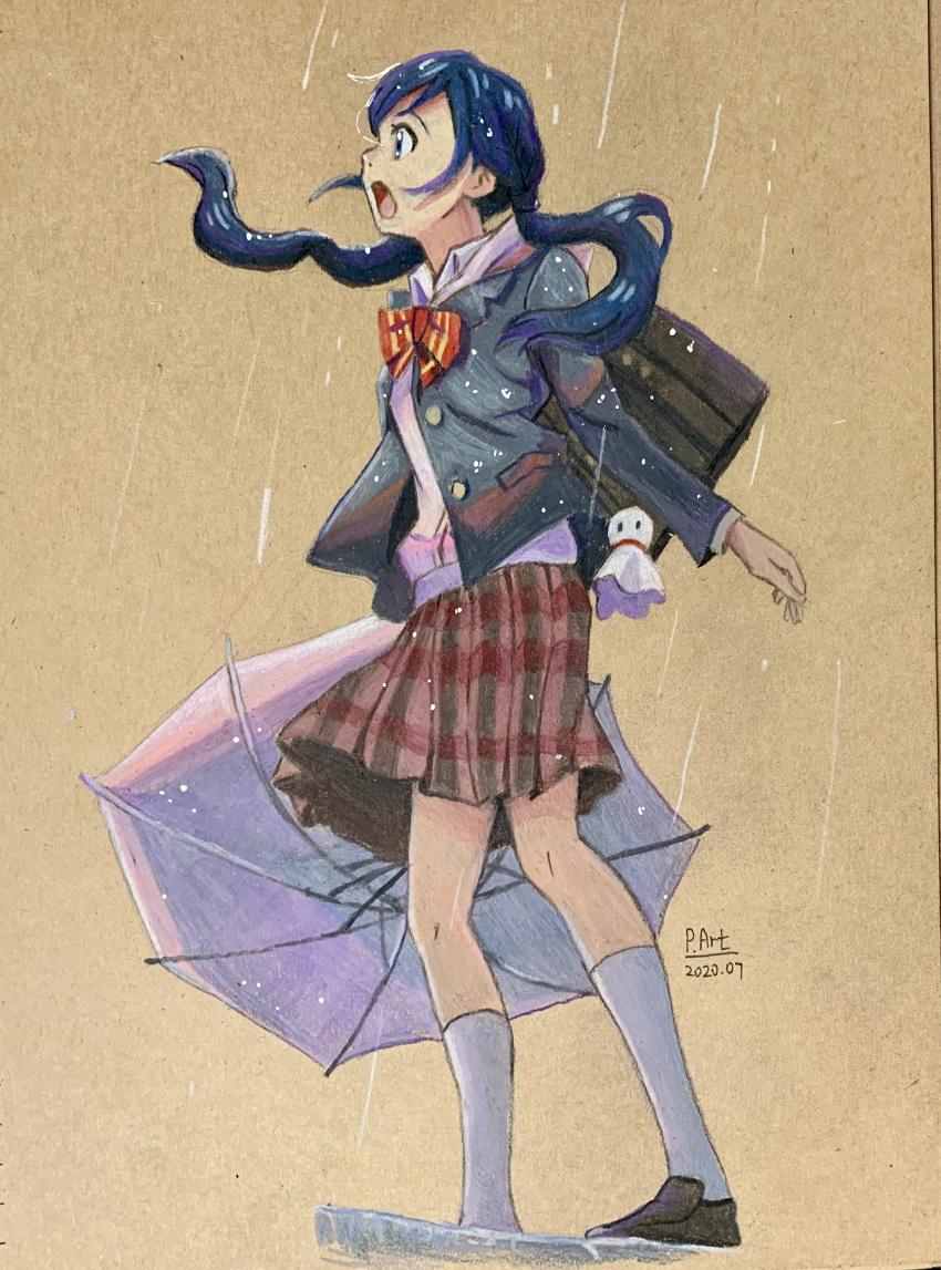 1girl absurdres amano_hina_(tenki_no_ko) artist_name bag blazer blue_eyes blue_hair blue_jacket bow bowtie brown_bag brown_footwear collared_shirt colored_pencil_(medium) commentary_request dated dress_shirt english_commentary floating_hair full_body highres holding holding_umbrella jacket kneehighs loafers long_hair long_sleeves low_twintails making-of_available mixed-language_commentary open_mouth p.art plaid plaid_skirt pleated_skirt red_bow red_bowtie red_skirt school_bag school_uniform shirt shoes shoulder_bag skirt socks solo tenki_no_ko teruterubouzu traditional_media twintails umbrella white_shirt white_socks
