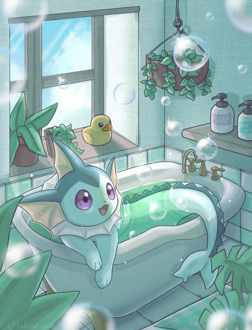 :d bathing bathtub bubble day faucet happy highres ichino_cco indoors open_mouth pokemon rubber_duck shelf smile soap_bottle tongue vaporeon violet_eyes water window