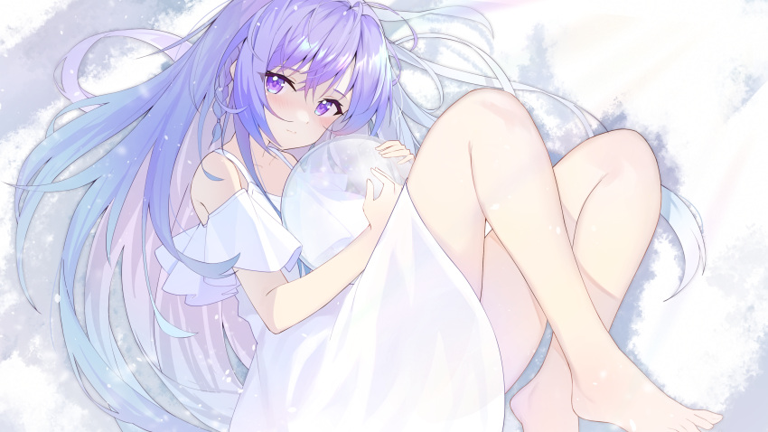 1girl absurdres bare_shoulders barefoot braid character_request crossed_bangs dress from_side highres holding holding_orb long_hair looking_at_viewer pu_ht purple_eyes purple_hair side_braid single_braid snowdome solo white_background white_dress