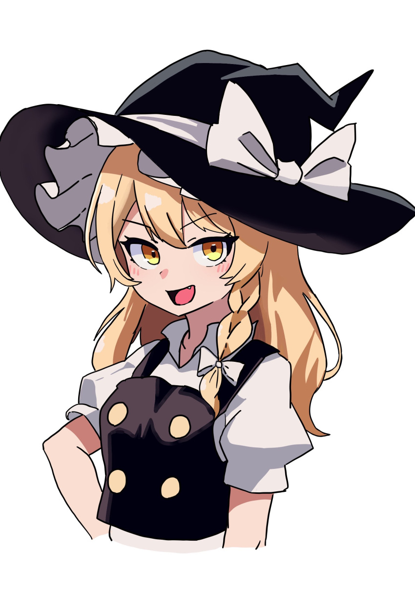 1girl black_headwear black_vest blonde_hair bow buttons commentary_request cropped_arms cropped_torso fang frilled_hat frills hat hat_bow highres kirisame_marisa kv-san long_hair open_mouth shirt simple_background solo touhou v-shaped_eyebrows vest white_background white_bow white_shirt witch witch_hat yellow_eyes