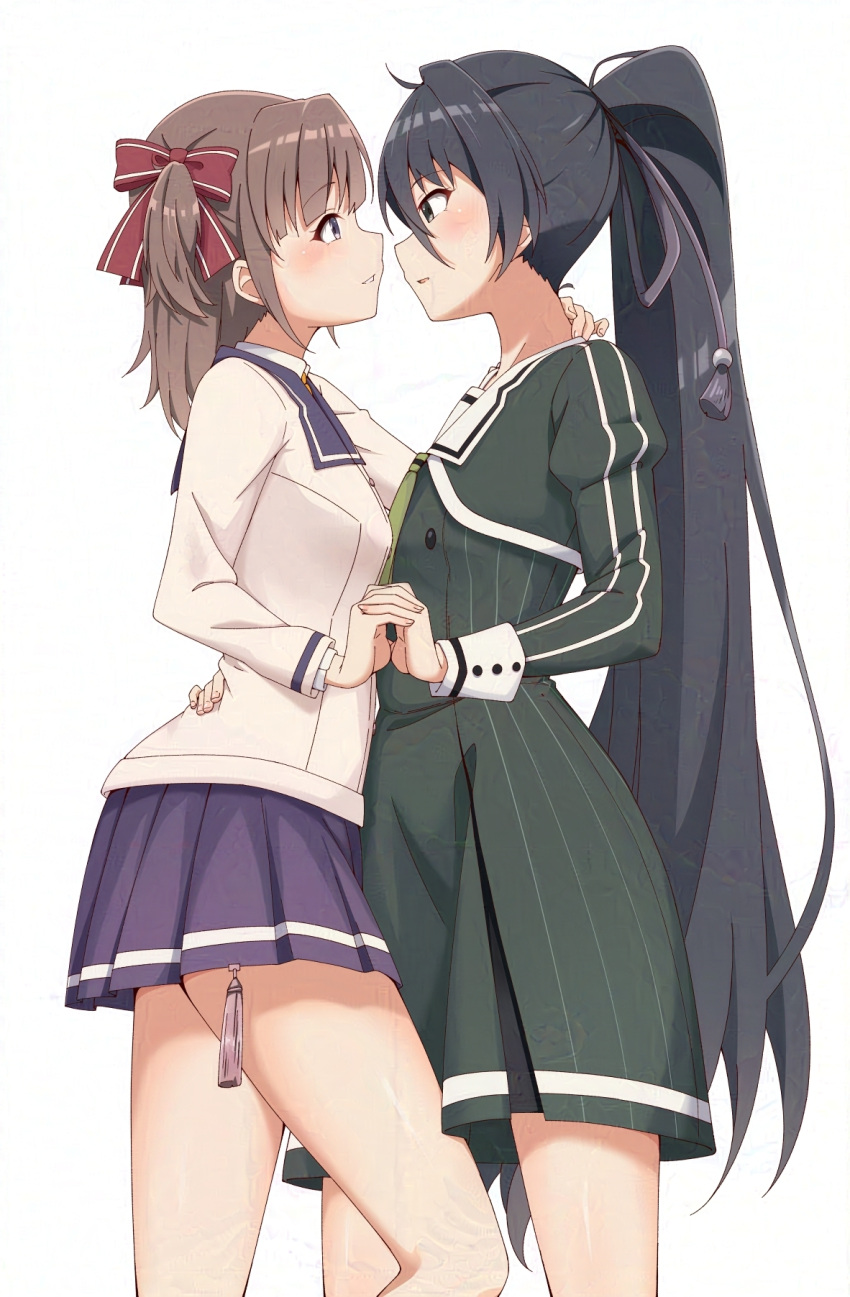 2girls blush bow brown_hair character_request commentary_request hair_bow hair_ribbon hand_on_another's_back hand_on_another's_neck highres interlocked_fingers long_hair medium_hair motsutoko multiple_girls parted_lips ribbon toji_no_miko very_long_hair yuri