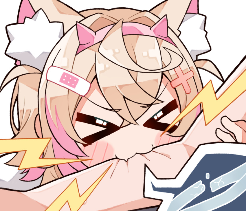 1girl :3 animal_ear_fluff animal_ears bandaid bandaid_hair_ornament biting_arm blonde_hair closed_eyes closed_mouth dog_ears dog_girl fang hair_ornament highres hololive hololive_english kukie-nyan mococo_abyssgard multicolored_hair pink_hair skin_fang smile streaked_hair two_side_up virtual_youtuber white_background x_hair_ornament