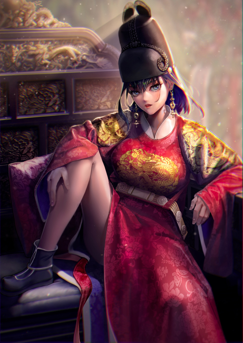 1girl absurdres arm_support biting_own_lip black_footwear black_hair black_headwear blue_eyes breasts chef_hat chinese_clothes commission couch dragon_print dress earrings futou hanfu hat highres hololive hololive_english jewelry knee_up large_breasts looking_at_viewer myo-zin on_couch open_mouth ouro_kronii red_dress red_robe robe short_hair side_slit solo virtual_youtuber