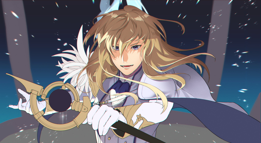 1boy ascot brown_hair cape emphasis_lines fate/grand_order fate_(series) gloves grey_eyes grey_vest hair_between_eyes highres holding holding_staff jacket kirschtaria_wodime long_hair long_sleeves looking_at_viewer lower_teeth_only male_focus open_mouth ororooops solo staff teeth vest white_ascot white_cape white_gloves white_jacket