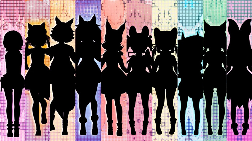 6+girls animal_ears bat_ears bat_girl brown_long-eared_bat_(kemono_friends) caracal_(kemono_friends) cat_ears cat_girl cat_tail chipmunk_ears chipmunk_girl chipmunk_tail coyote_(kemono_friends) dire_wolf_(kemono_friends) extra_ears fox_ears fox_girl fox_tail geoffroy's_cat_(kemono_friends) highres humboldt_penguin_(kemono_friends) island_fox_(kemono_friends) jungle_cat_(kemono_friends) kemono_friends kemono_friends_v_project large-spotted_genet_(kemono_friends) long_hair multiple_girls official_art penguin_girl short_hair siberian_chipmunk_(kemono_friends) simple_background tail virtual_youtuber wolf_ears wolf_girl wolf_tail
