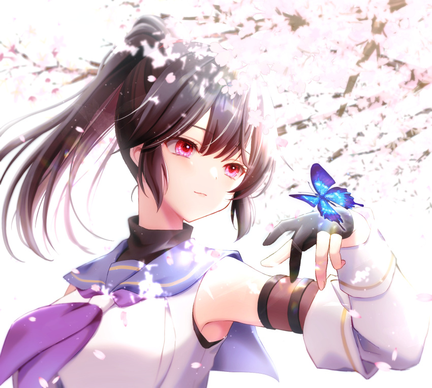 1girl assault_lily black_gloves black_hair black_sister blue_butterfly blue_sailor_collar blurry blurry_background branch breasts bug butterfly butterfly_on_hand cherry_blossoms closed_mouth commentary_request depth_of_field detached_sleeves falling_petals gloves hair_between_eyes half_gloves hand_up high_ponytail highres large_breasts layered_sleeves lens_flare light_particles light_smile long_sleeves looking_at_animal looking_to_the_side medium_hair mizuha_(dreamchild_0504) nagasawa_yuki_(assault_lily) neckerchief odaiba_girls_high_school_uniform partially_fingerless_gloves petals ponytail purple_neckerchief red_eyes sailor_collar school_uniform serafuku shirt sleeveless sleeveless_shirt solo undershirt upper_body white_background white_shirt