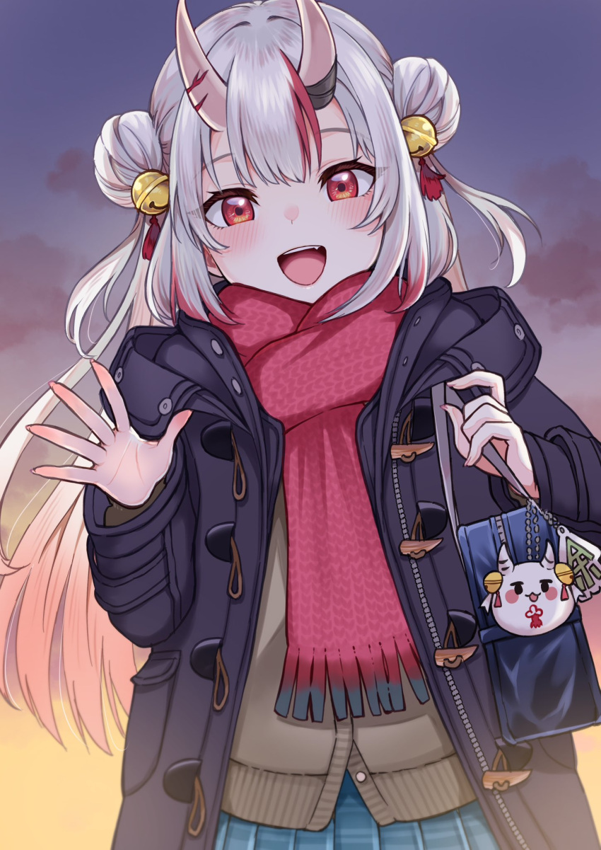 1girl @-you_(you_2023_8_16) bag bag_charm bell black_coat blue_skirt blush brown_cardigan cardigan charm_(object) clouds coat double_bun duffel_coat fang gradient_hair grey_hair hair_bell hair_bun hair_ornament highres hololive horns jingle_bell long_hair looking_at_viewer multicolored_hair nakiri_ayame oni oni_horns open_clothes open_coat open_mouth pleated_skirt poyoyo_(nakiri_ayame) red_eyes red_scarf redhead scarf school_bag school_uniform skirt smile solo streaked_hair sunset teeth two_side_up upper_teeth_only waving