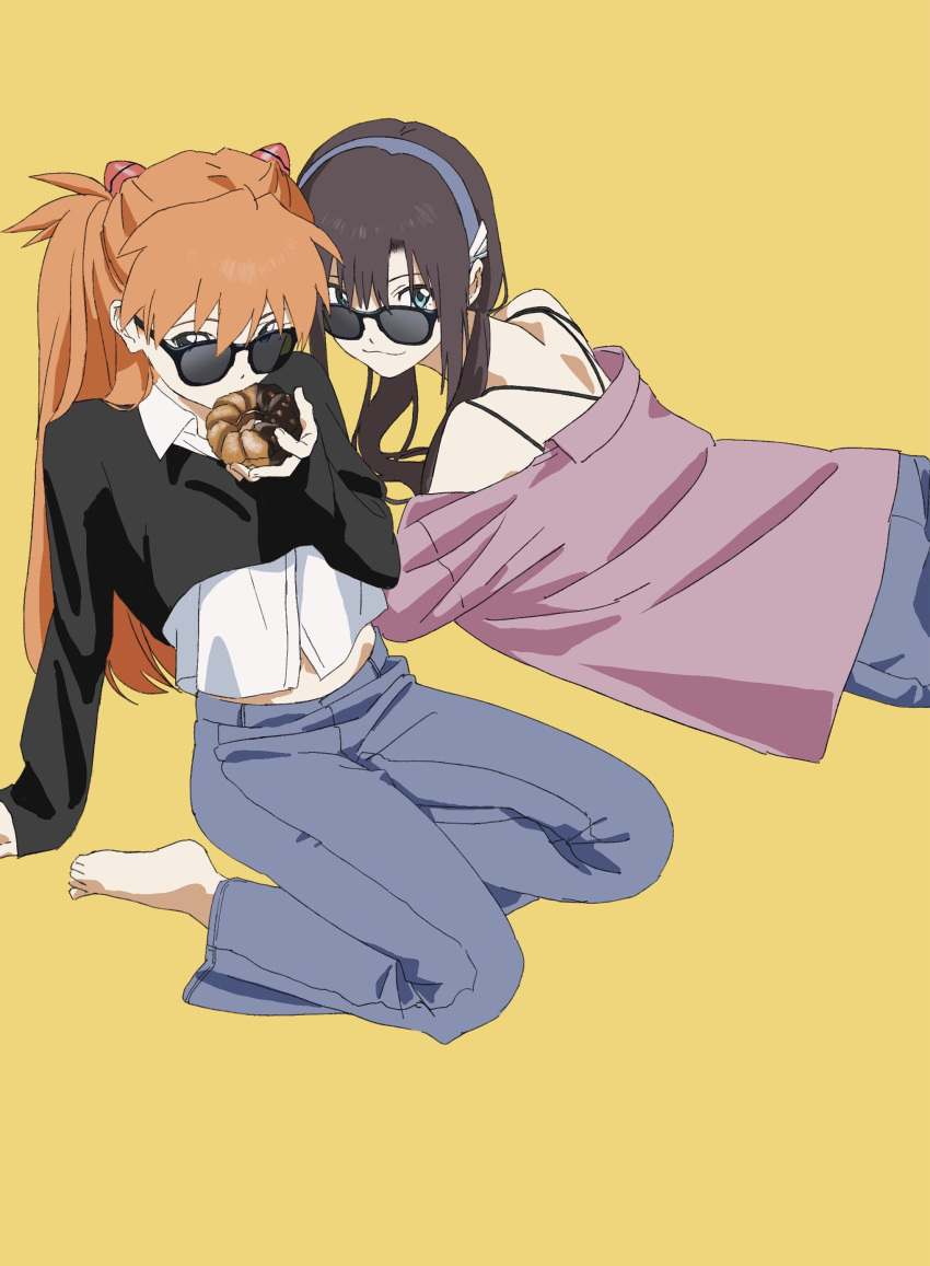 2girls absurdres arm_support barefoot blue_eyes closed_mouth collared_shirt commentary eating food hair_between_eyes hand_up highres holding holding_food long_hair long_sleeves looking_at_viewer looking_over_eyewear makinami_mari_illustrious meccha_kubiitee multiple_girls neon_genesis_evangelion orange_hair shirt simple_background smile souryuu_asuka_langley sunglasses symbol-only_commentary white_shirt yellow_background