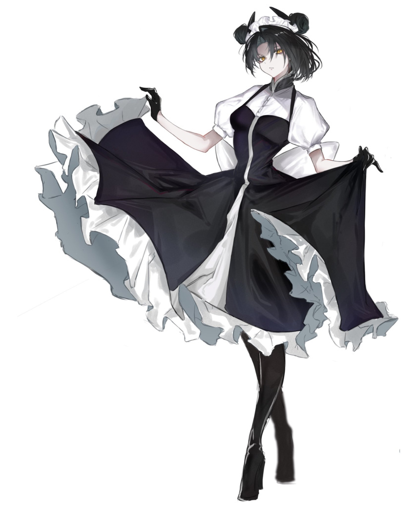 1girl agent_(girls'_frontline) asymmetrical_hair black_gloves black_hair boots clothes_lift double_bun dress dress_lift full_body girls_frontline gloves hair_bun high_heel_boots high_heels highres looking_at_viewer maid maid_headdress medium_hair n86289074 solo white_background yellow_eyes