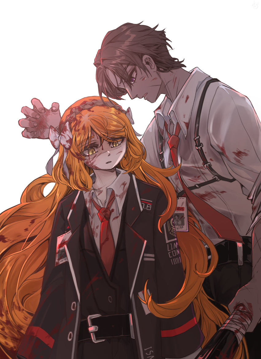 1boy 1girl absurdres black_coat black_vest blood blood_on_clothes blood_on_face brown_hair brown_hairband coat collared_shirt green_eyes hairband heathcliff_(project_moon) highres ishmael_(project_moon) limbus_company long_hair long_sleeves necktie orange_hair parted_lips pongdangssi project_moon red_necktie shirt simple_background very_long_hair vest white_background white_shirt wing_collar