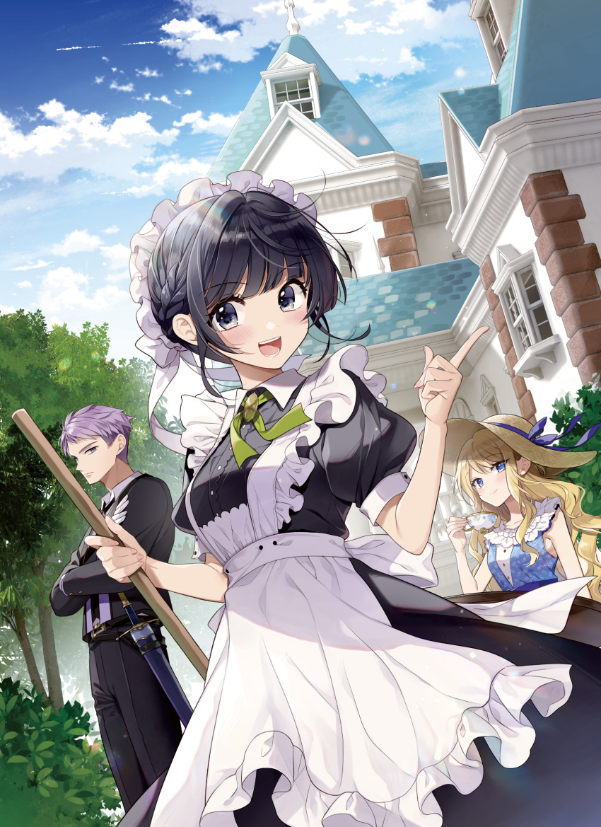 1boy 1girl 2girls :d apron black_dress black_eyes black_hair blonde_hair blue_eyes blue_sky braid breasts bush butler character_request clip_studio_paint_(medium) clouds collared_dress copyright_request cup dress gloves green_ribbon hat hat_ribbon highres holding holding_cup house maid maid_apron maid_headdress multiple_girls official_art outdoors puffy_short_sleeves puffy_sleeves purple_hair ribbon short_sleeves sky smile sun_hat tree white_gloves window yukiko_(tesseract)