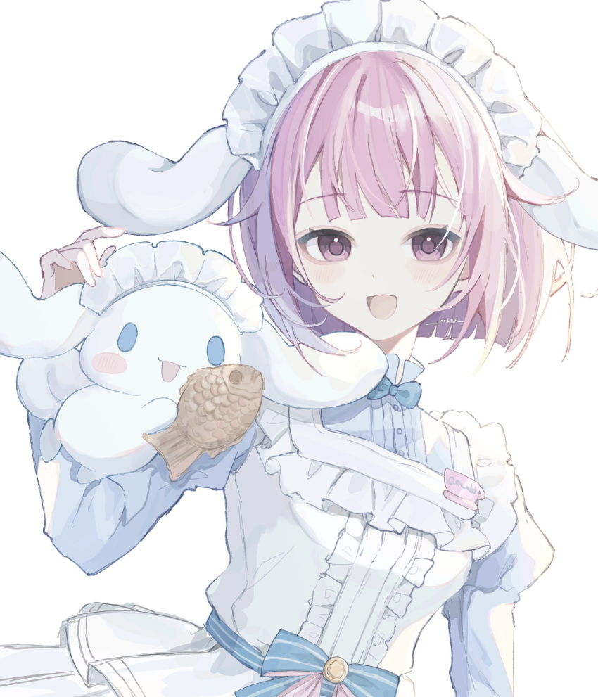 1girl :d animal_ears apron artist_name blue_bow blue_bowtie blue_dress blue_sash blunt_bangs blush bow bowtie buttons center_frills cinnamoroll commentary_request dog_ears dress food frilled_apron frills hand_up highres holding holding_food juliet_sleeves long_sleeves looking_at_viewer maid maid_headdress niaa ootori_emu open_mouth pink_eyes pink_hair project_sekai puffy_sleeves sanrio sash short_hair sidelocks simple_background smile taiyaki upper_body wagashi white_apron white_background