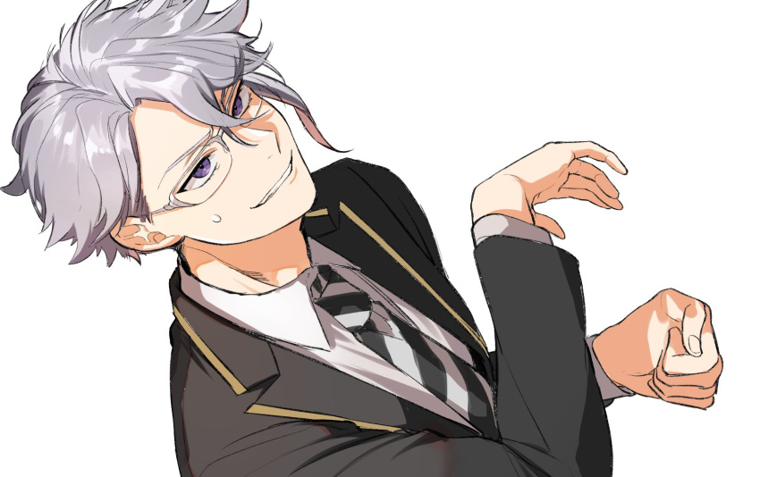 1boy asymmetrical_bangs azul_ashengrotto black_jacket clenched_hand collared_shirt commentary grey_hair grey_shirt grin highres jacket male_focus necktie ororooops shirt short_hair simple_background smile solo striped_necktie sweatdrop twisted_wonderland violet_eyes white_background