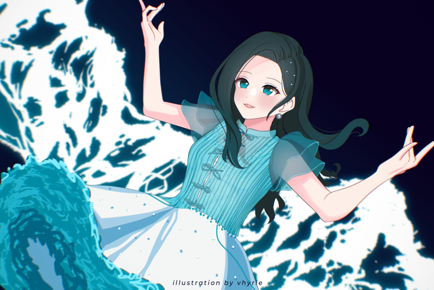 absurdres black_hair blue_eyes dress earrings highres idol idol_clothes indonesian_commentary jewelry jkt48 light_blue_dress light_smile long_hair neru_(vhyrie) real_life waves
