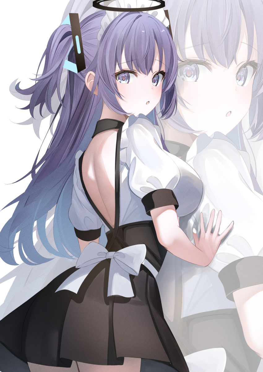1girl back black_skirt blue_archive blush breasts from_behind halo highres long_hair looking_at_viewer looking_back maid open_mouth parted_bangs pleated_skirt purple_hair short_sleeves sidelocks simple_background skirt solo touyou_(39kir) two_side_up violet_eyes white_background yuuka_(blue_archive)