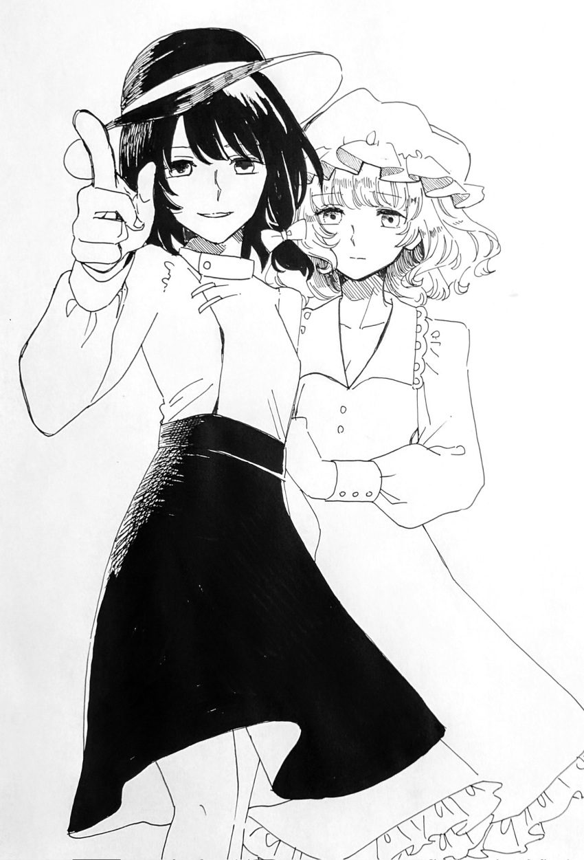 2girls black_headwear buttons chinese_clothes collared_dress collared_shirt dress frilled_dress frilled_hat frills hair_ribbon hand_on_another's_arm hat hat_ornament highres index_finger_raised long_skirt long_sleeves low_ponytail maribel_hearn medium_hair mob_cap monochrome multiple_girls pointing ponytail puffy_long_sleeves puffy_sleeves ribbon ribbon-trimmed_collar ribbon-trimmed_dress ribbon_trim shirt simple_background sketch skirt smile tangzhuang touhou traditional_media usami_renko wavy_hair white_background whoru