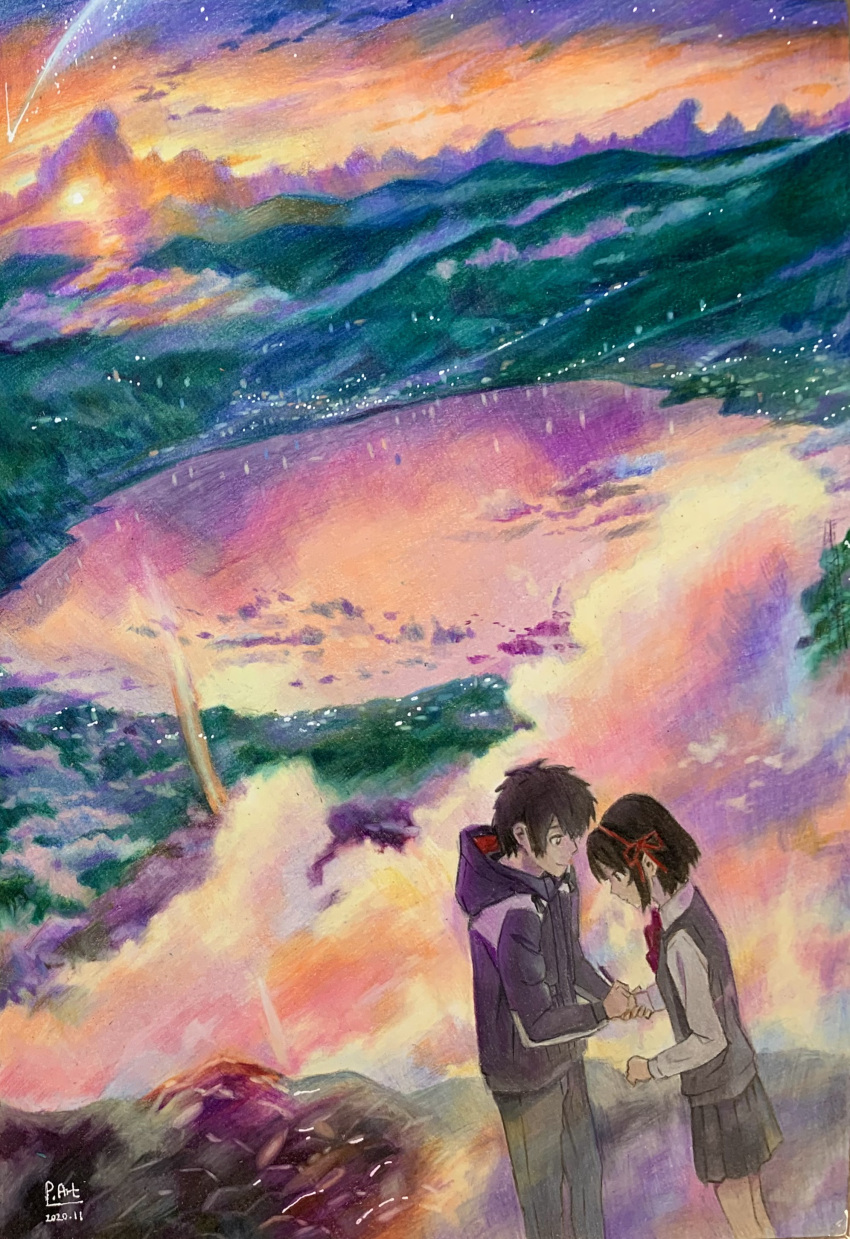 1boy 1girl absurdres artist_name black_hair black_jacket black_skirt bow bowtie brown_hair city_lights collared_shirt colored_pencil_(medium) comet commentary dated english_commentary grey_sweater_vest hair_ribbon highres hood hooded_jacket jacket kimi_no_na_wa. lake landscape long_sleeves mixed-language_commentary miyamizu_mitsuha outdoors p.art parted_lips red_bow red_bowtie red_ribbon ribbon school_uniform shirt short_hair skirt star_(sky) sunset sweater_vest tachibana_taki traditional_media white_shirt wide_shot writing_on_hand