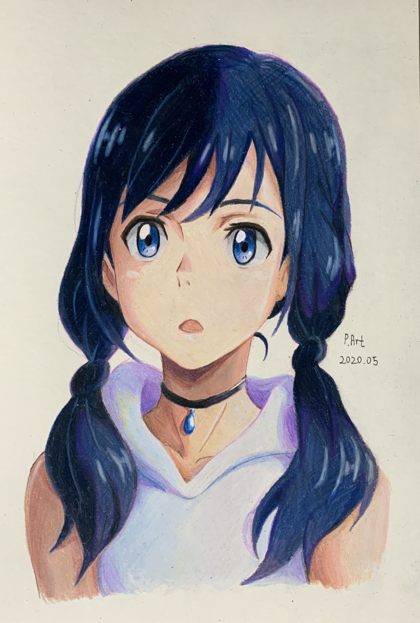 1girl absurdres amano_hina_(tenki_no_ko) artist_name bare_shoulders black_choker blue_eyes blue_hair choker collarbone colored_pencil_(medium) commentary cropped_torso dated english_commentary highres hood hoodie long_hair looking_at_viewer low_twintails open_mouth p.art shade simple_background sleeveless sleeveless_hoodie solo tenki_no_ko traditional_media twintails upper_body white_hoodie