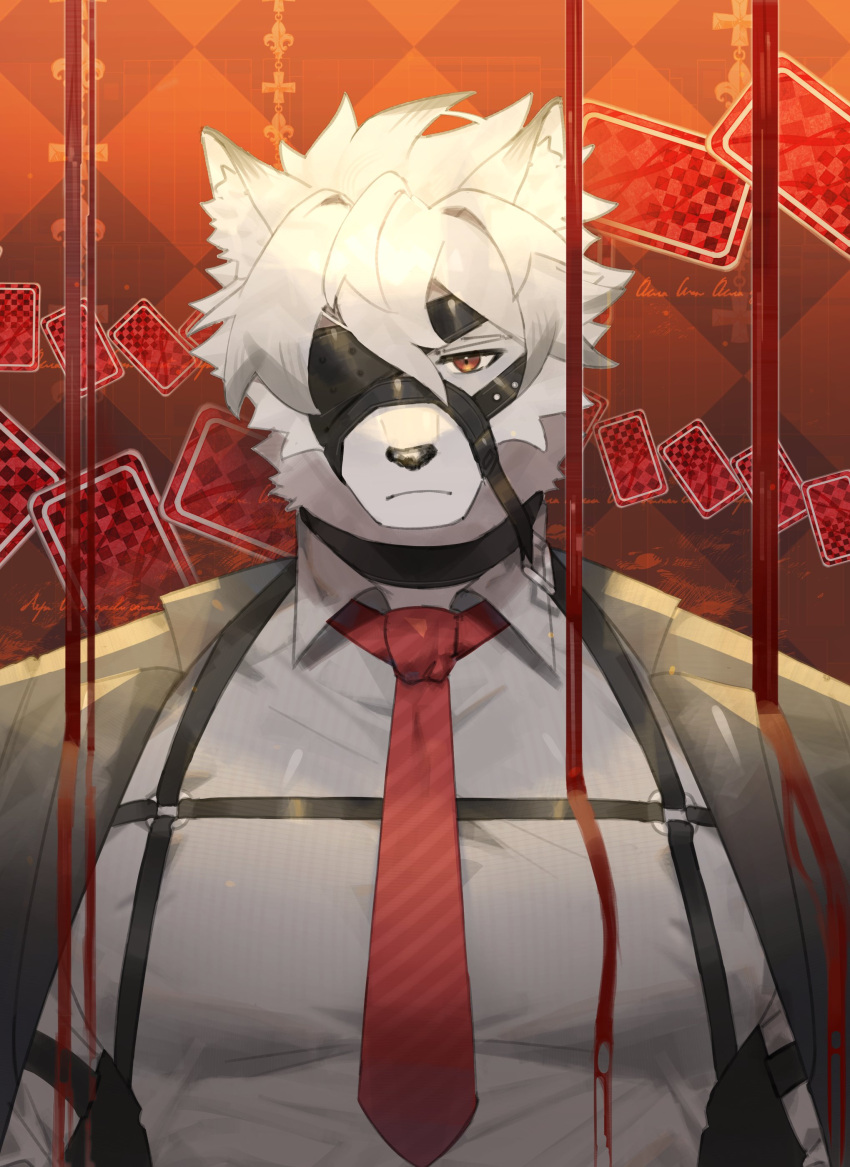 1boy absurdres ambiguous_red_liquid animal_ears black_choker black_coat card chest_harness choker coat english_commentary eyepatch furry furry_male harness highres jujurlyreckless looking_at_viewer male_focus necktie one_eye_covered playing_card red_eyes red_necktie shirt upper_body von_lycaon white_shirt wolf_boy wolf_ears zenless_zone_zero