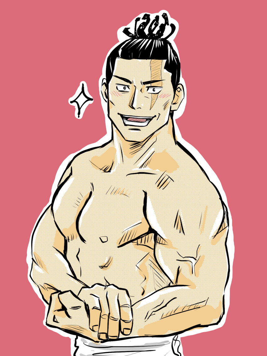1boy abs absurdres artist_request back_hair black_hair flexing highres jujutsu_kaisen looking_at_viewer male_focus muscular muscular_male nipples pectorals pink_background sanpaku scar scar_across_eye short_hair side_chest sideburns smile solo thick_eyebrows topless_male toudou_aoi_(jujutsu_kaisen)