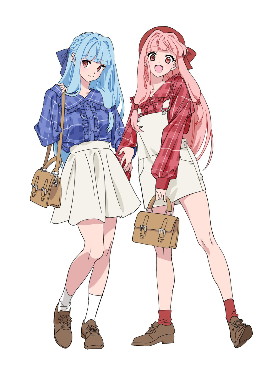 2girls alternate_costume bag beret blue_hair blue_ribbon blue_shirt blush braid brown_footwear center_frills closed_mouth commentary_request floating_hair frills full_body hair_intakes hair_ribbon half_updo hand_up handbag hat hat_ribbon heel_up highres holding holding_another's_arm holding_bag kotonoha_akane kotonoha_aoi long_hair long_sleeves looking_at_viewer matching_outfits moya_(toatomoot) multiple_girls open_mouth orange_eyes overall_skirt overalls oxfords pink_hair plaid plaid_shirt puffy_long_sleeves puffy_sleeves red_headwear red_ribbon red_shirt red_socks ribbon shirt shoulder_bag siblings side-by-side side_braid sidelocks simple_background sisters skirt smile socks standing toes_up voiceroid white_background white_overalls white_skirt white_socks