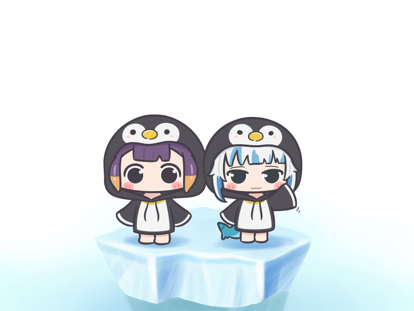 2girls :3 absurdres animal_costume barefoot blue_hair blunt_bangs blush_stickers chibi commentary english_commentary fins fish_tail gawr_gura highres hololive hololive_english hood hoodie ice iceberg long_hair mpien multicolored_hair multiple_girls ninomae_ina'nis orange_hair penguin_costume purple_hair shark_tail streaked_hair tail tentacle_hair virtual_youtuber waving white_hair