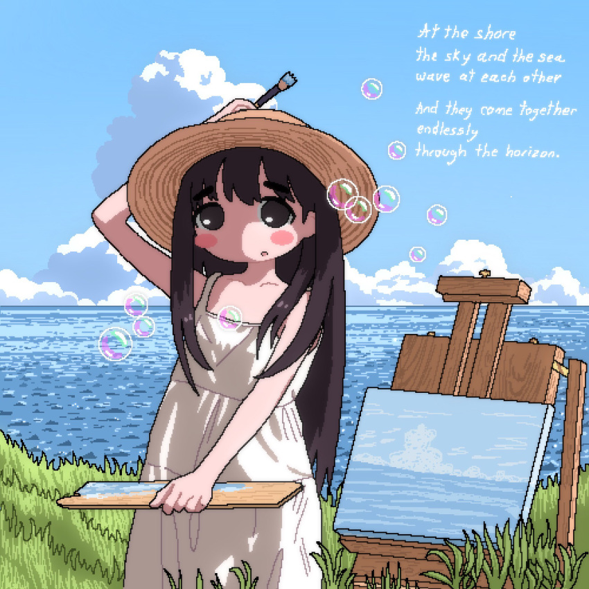 1girl arm_up art_brush blush_stickers brown_eyes brown_hair bubble camisole canvas_(object) chemise clouds cumulonimbus_cloud easel eli_(chibitoad) english_text grass hat highres holding holding_brush holding_paintbrush holding_palette horizon long_hair looking_at_viewer no_nose ocean oekaki open_mouth original outdoors paint paintbrush painting_(object) palette_(object) scenery sky soap_bubbles solo standing sun_hat tall_grass upper_body white_camisole white_chemise