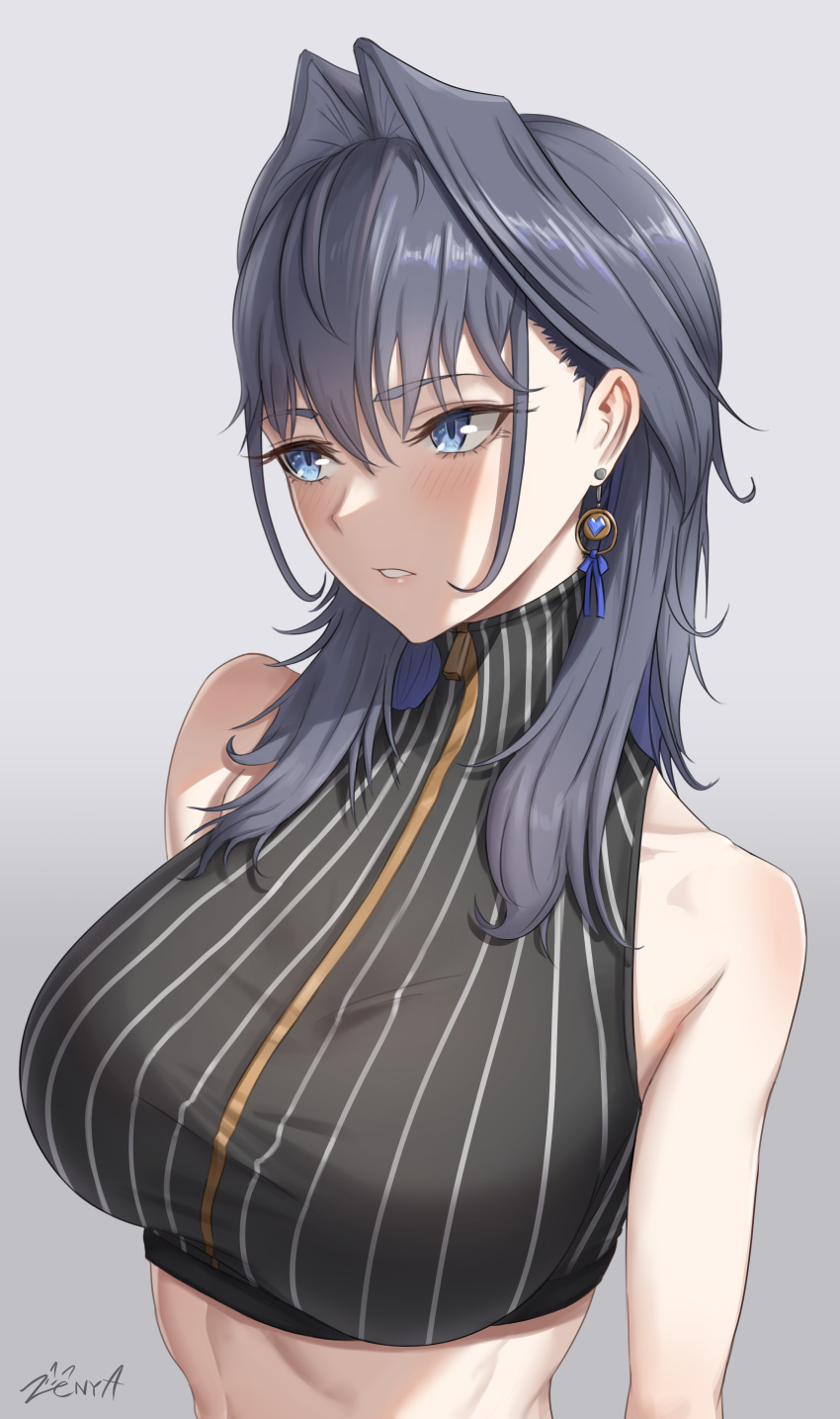 1girl absurdres averting_eyes bare_shoulders black_hair black_shirt blue_eyes blush breasts breasts_apart crop_top cropped_shirt earrings embarrassed fanged_bangs grey_background hair_intakes high_collar highres hololive hololive_english jewelry large_breasts long_hair official_alternate_hair_length official_alternate_hairstyle ouro_kronii ouro_kronii_(1st_costume) pinstripe_pattern pinstripe_shirt self_borrowed_hairstyle shirt signature simple_background solo striped striped_shirt toned upper_body vertical-striped_shirt vertical_stripes virtual_youtuber zenya zipper