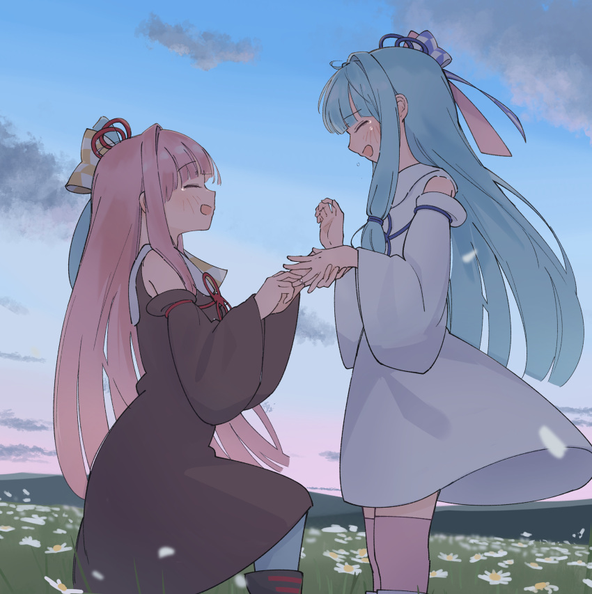 2girls absurdres black_dress black_sleeves blue_hair blue_sky blunt_bangs blush commentary_request crying detached_sleeves dress facing_another falling_petals feet_out_of_frame field flower flower_field from_side gradient_sky hair_ribbon hand_grab happy_tears highres holding holding_jewelry holding_ring jewelry kotonoha_akane kotonoha_aoi long_hair low-tied_sidelocks marriage_proposal mountainous_horizon multiple_girls on_one_knee open_mouth outdoors petals pink_hair pink_thighhighs putting_on_jewelry ribbon ring siblings sidelocks sisters sky sleeveless sleeveless_dress smile sumitsubame sweatdrop tears thigh-highs voiceroid wedding_ring white_dress white_flower white_sleeves wide_sleeves yuri
